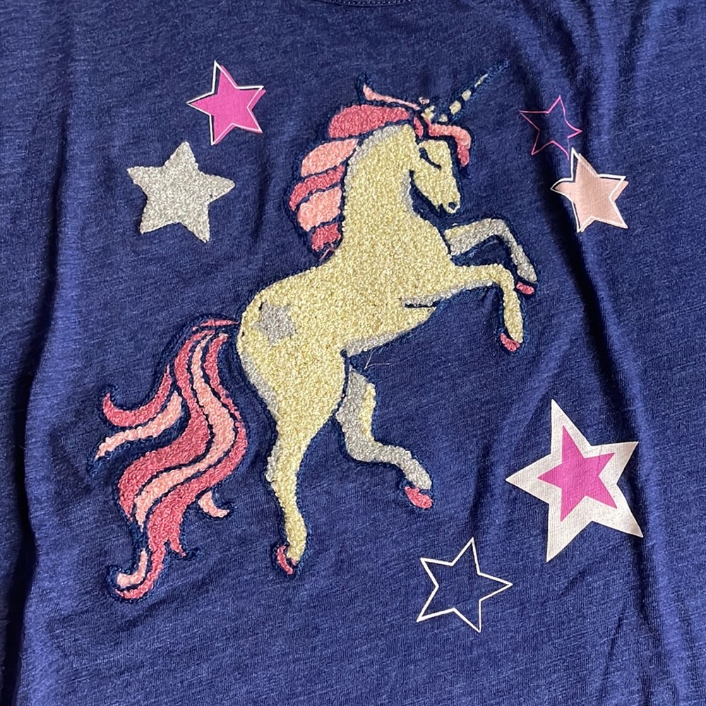 Girls navy blue unicorn T-shirt with peplum lace trim